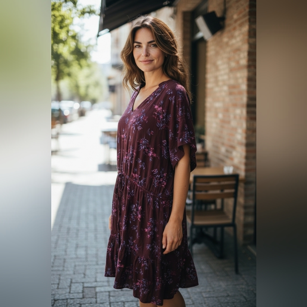 🌷Floral Midi Burgendy Dress